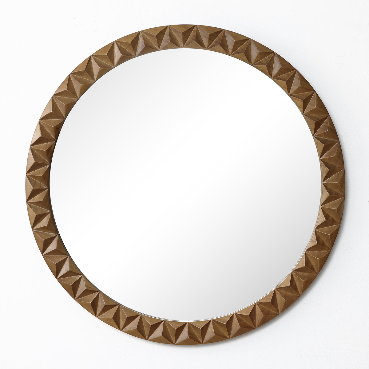 Carved Geometric Pattern Wood Round Wall Mirror, Brown, 26"