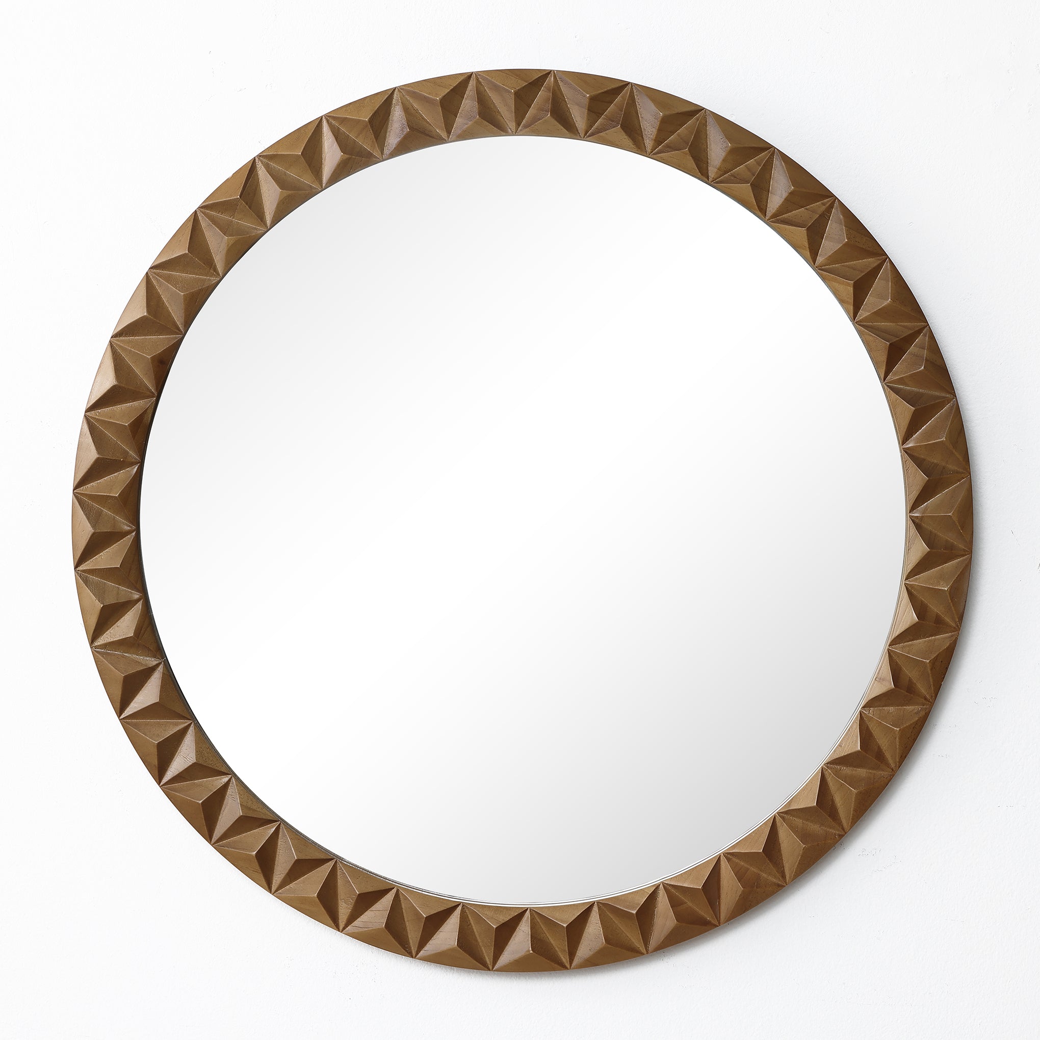 Langford Home 25.6" Round Wall Mirror, Carved Geometric Wood Circle Mirror