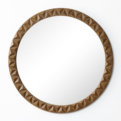 Carved Geometric Pattern Wood Round Wall Mirror, Brown, 26"