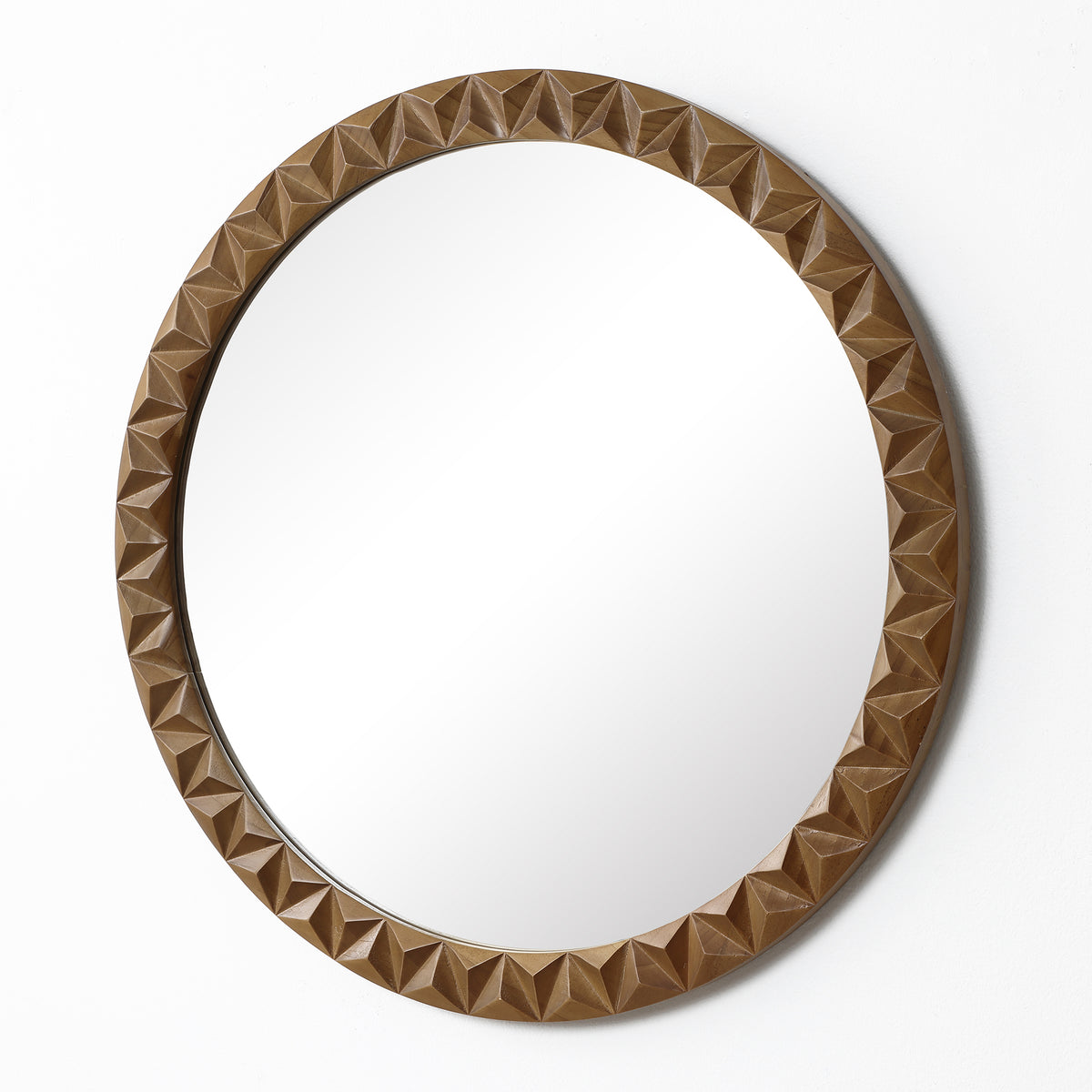 Carved Geometric Pattern Wood Round Wall Mirror, Brown, 26"