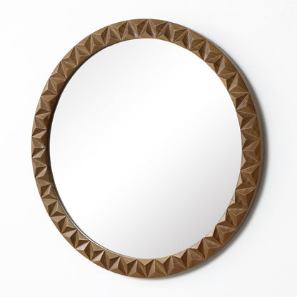 Carved Geometric Pattern Wood Round Wall Mirror, Brown, 26"