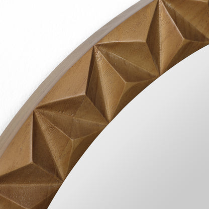 Carved Geometric Pattern Wood Round Wall Mirror, Brown, 26"