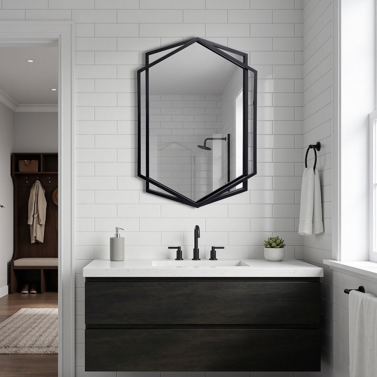 Hexagon Metal Framed Decorative Wall Mirror, Black, 32"