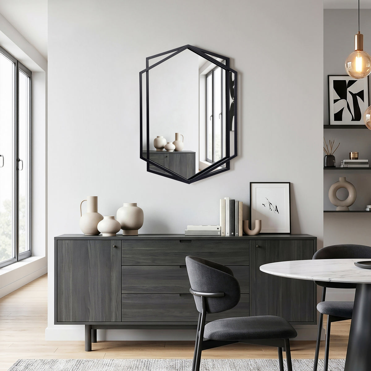 Hexagon Metal Framed Decorative Wall Mirror, Black, 32"