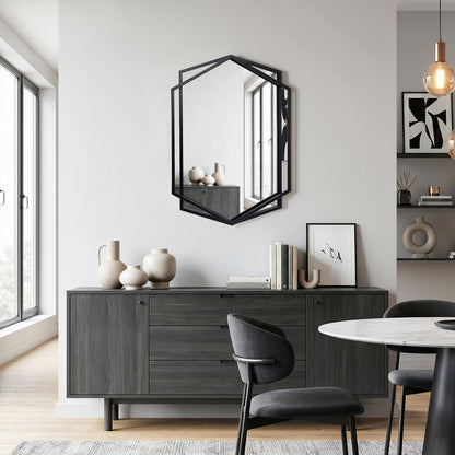 Hexagon Metal Framed Decorative Wall Mirror, Black, 32"