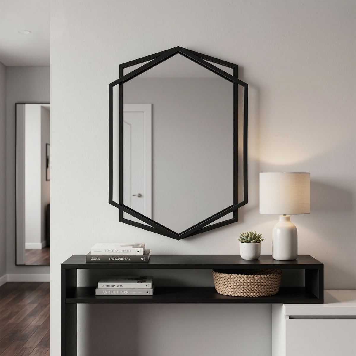 Hexagon Metal Framed Decorative Wall Mirror, Black, 32"