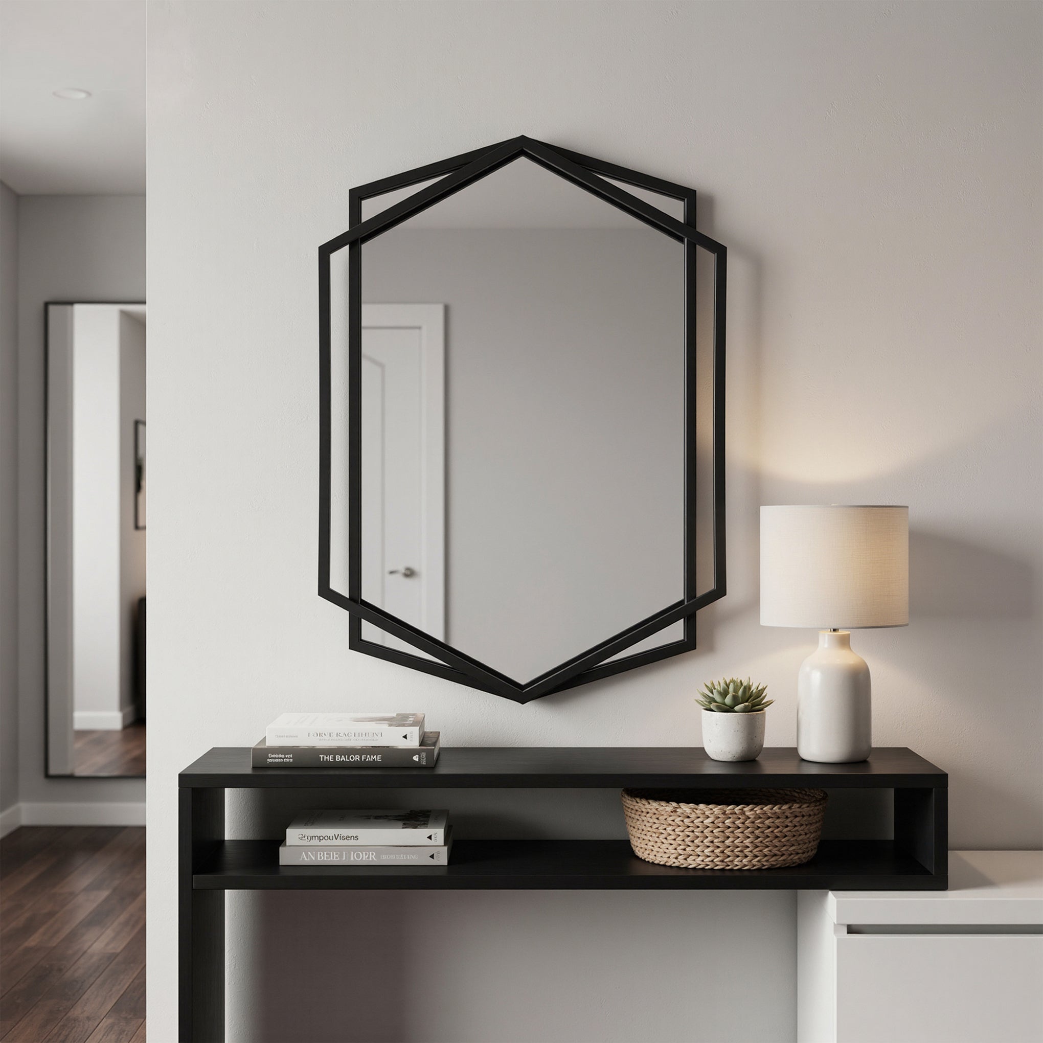 31.8" Hexagon Wall Mirror, Black Framed Geometric Metal Mirror