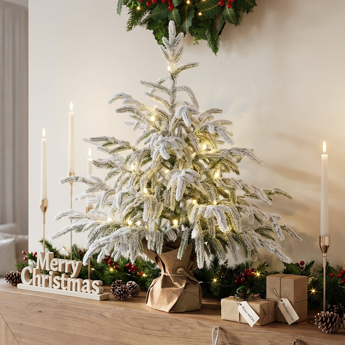 2FT Flocked Fir Christmas Tree Wide Sparse, 481 Tips 20 LEDs