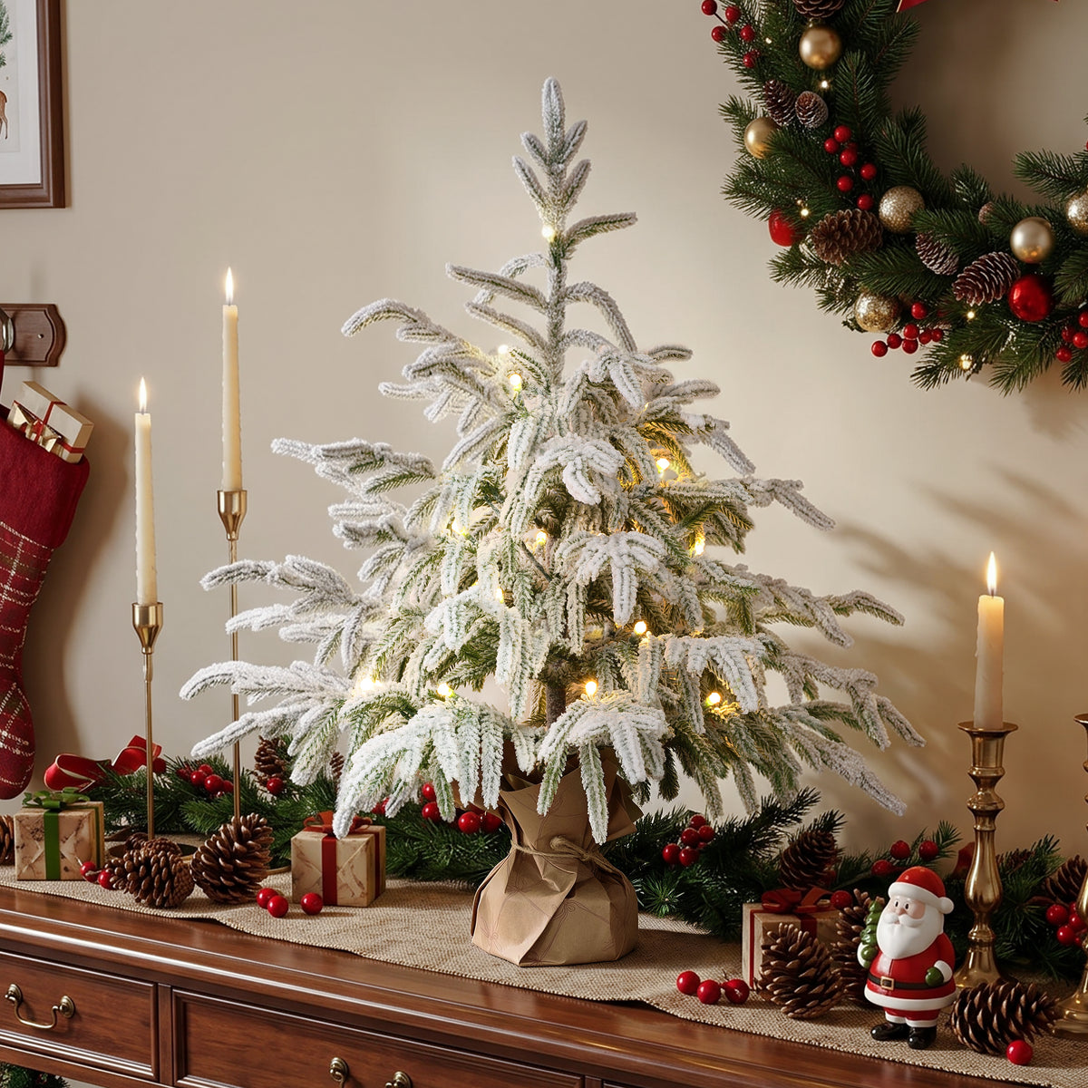 2FT Flocked Fir Christmas Tree Wide Sparse, 481 Tips 20 LEDs