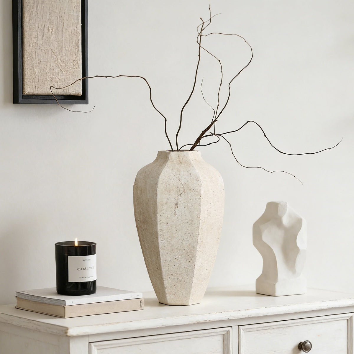 Geometric Textured Ceramic Decor Vase, Chalky Off-White, 14"