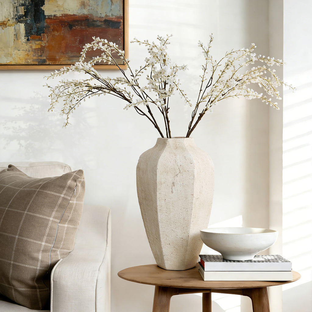 14 Inch Rustic Ceramic Vase, Handcrafted Textured White Ceramic Floor Vase for Home Decor, Farmhouse Style Large Ceramic Flower Vase for Living Room, Entryway, Shelf Decor, Dried Floral Arrangement