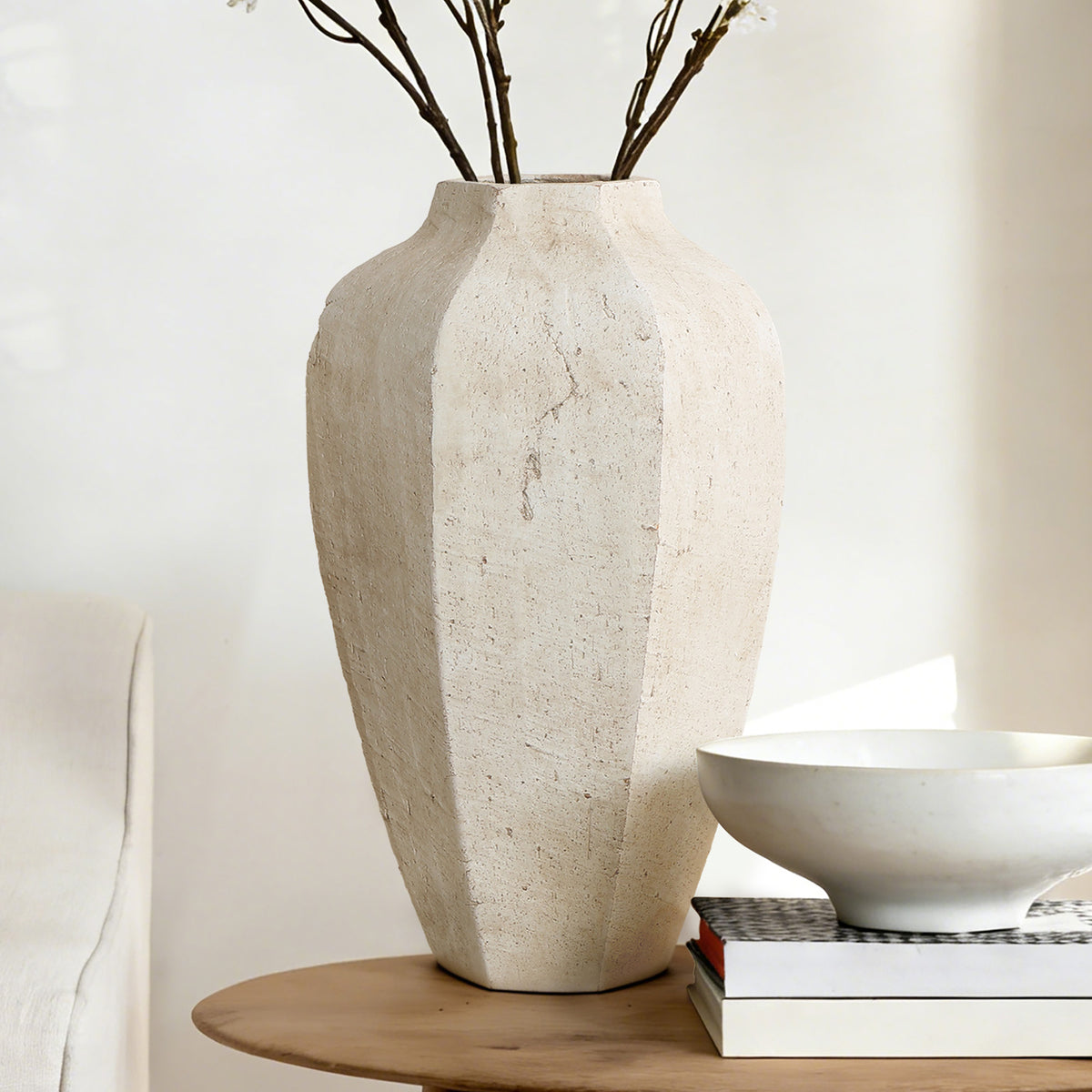 Geometric Textured Ceramic Decor Vase, Chalky Off-White, 14"