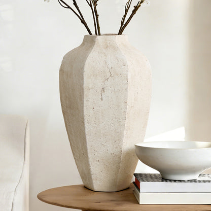 Geometric Textured Ceramic Decor Vase, Chalky Off-White, 14"