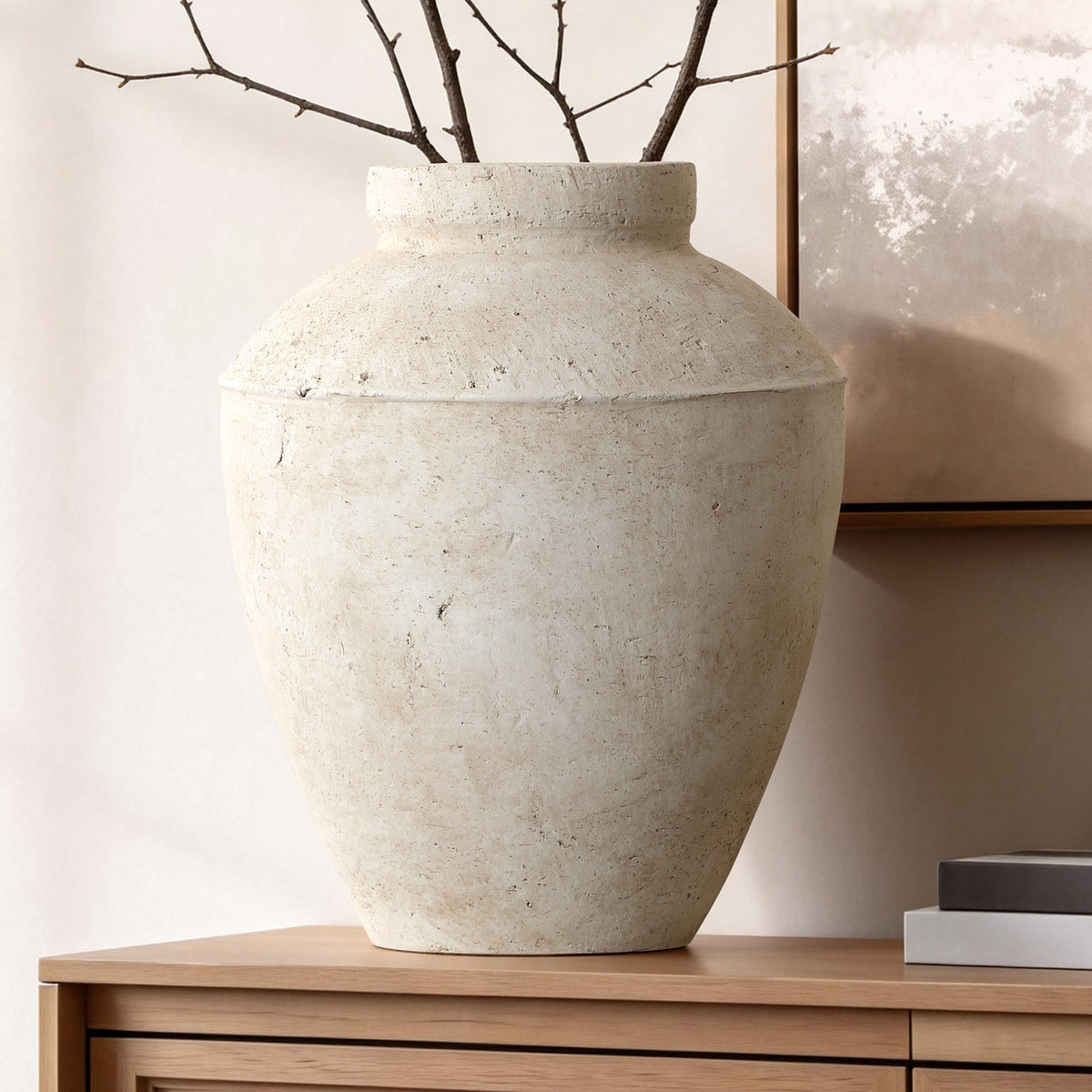 Rustic Textured Stone-Look Ceramic Vase, Bone White, 15"