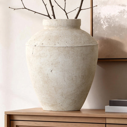 Rustic Textured Stone-Look Ceramic Vase, Bone White, 15"