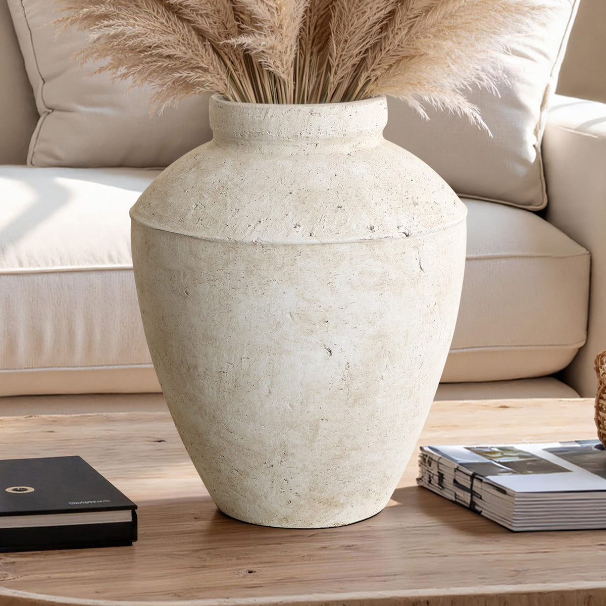 Rustic Textured Stone-Look Ceramic Vase, Bone White, 15"