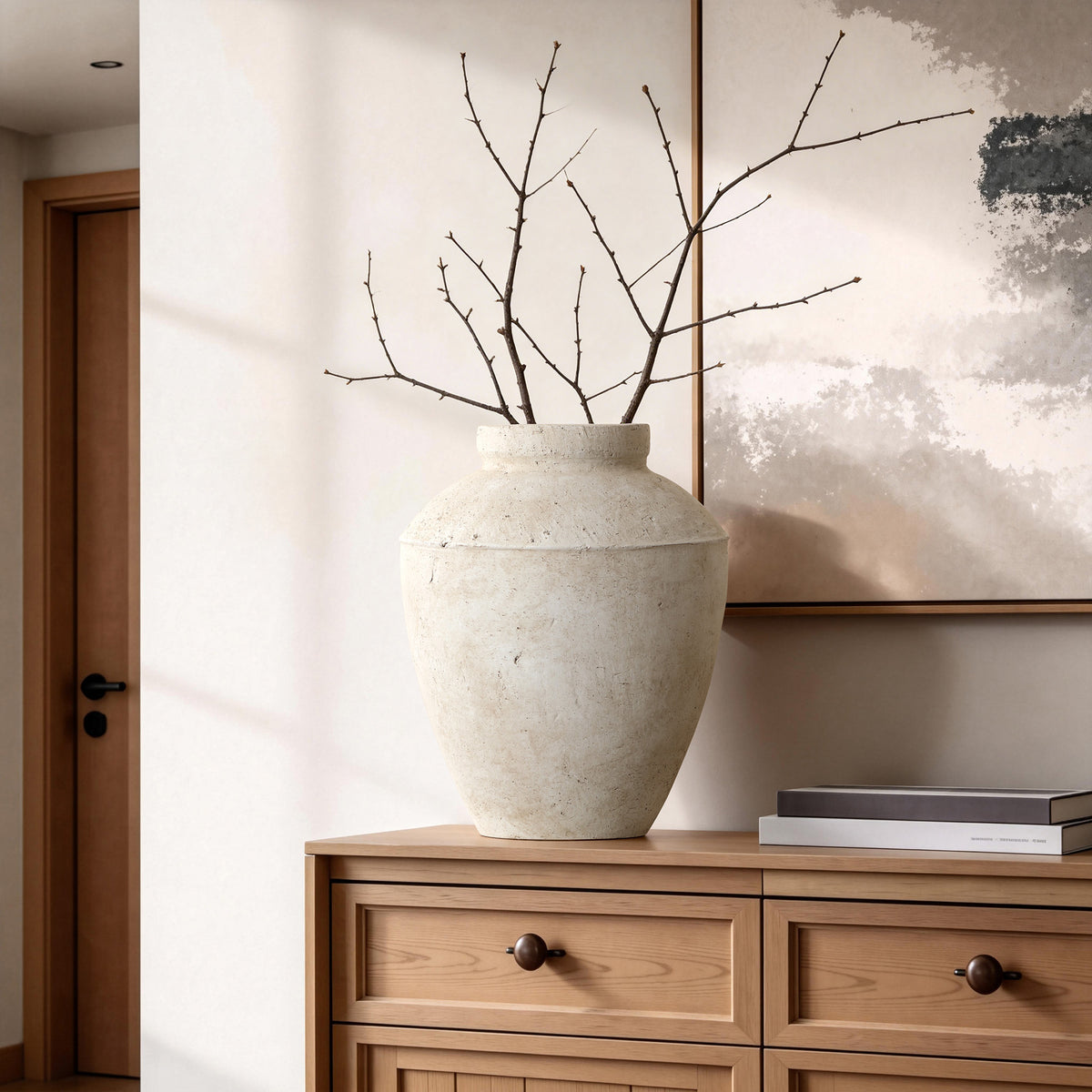 Rustic Textured Stone-Look Ceramic Vase, Bone White, 15"
