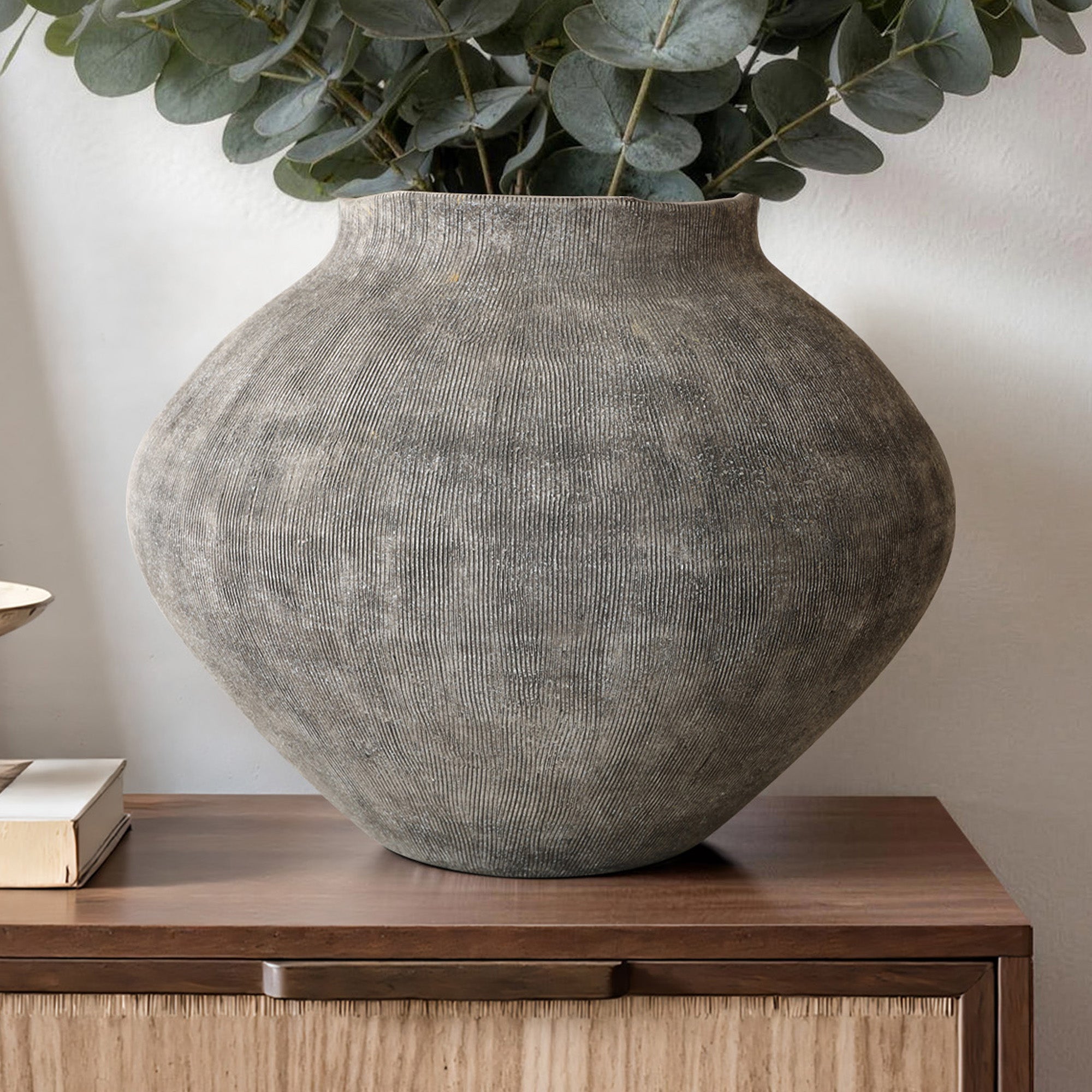 10 Inch Rustic Gray Ceramic Vase, Handcrafted Textured Wabi-Sabi Ceramic Vase for Home Decor, Farmhouse Modern Large Flower Vase for Living Room, Entryway, Dried Floral Arrangement
