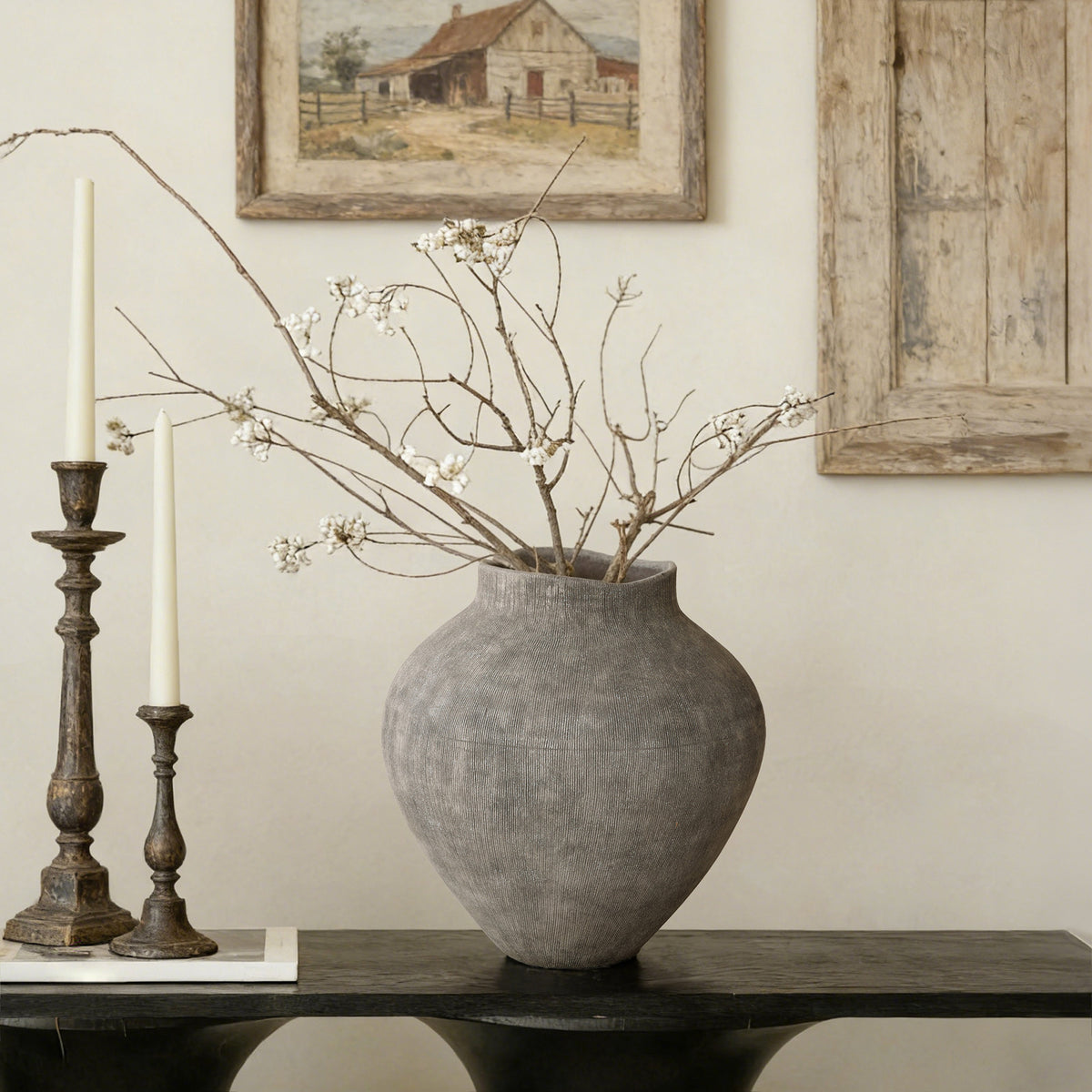 Ribbed Terracotta Decorative Vase, Weathered Gray