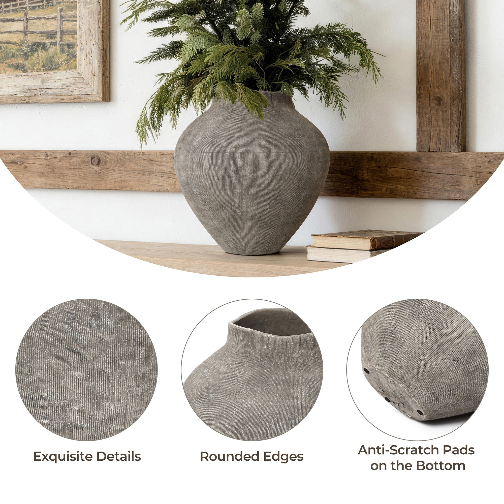 Tall Ribbed Terracotta Vase, Weathered Gray, 13"