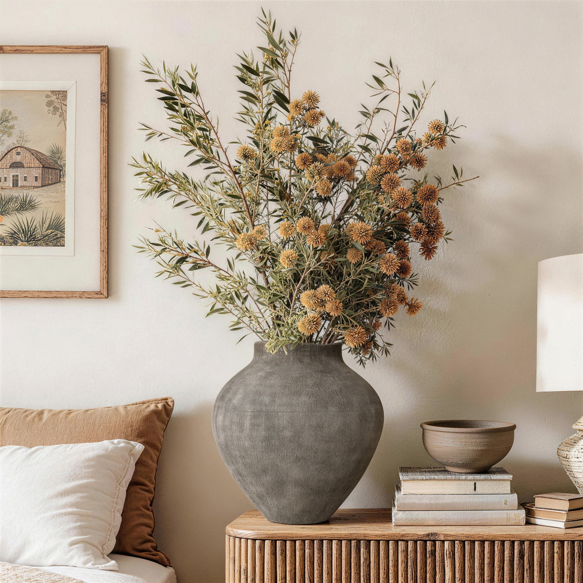 Ribbed Terracotta Decorative Vase, Weathered Gray