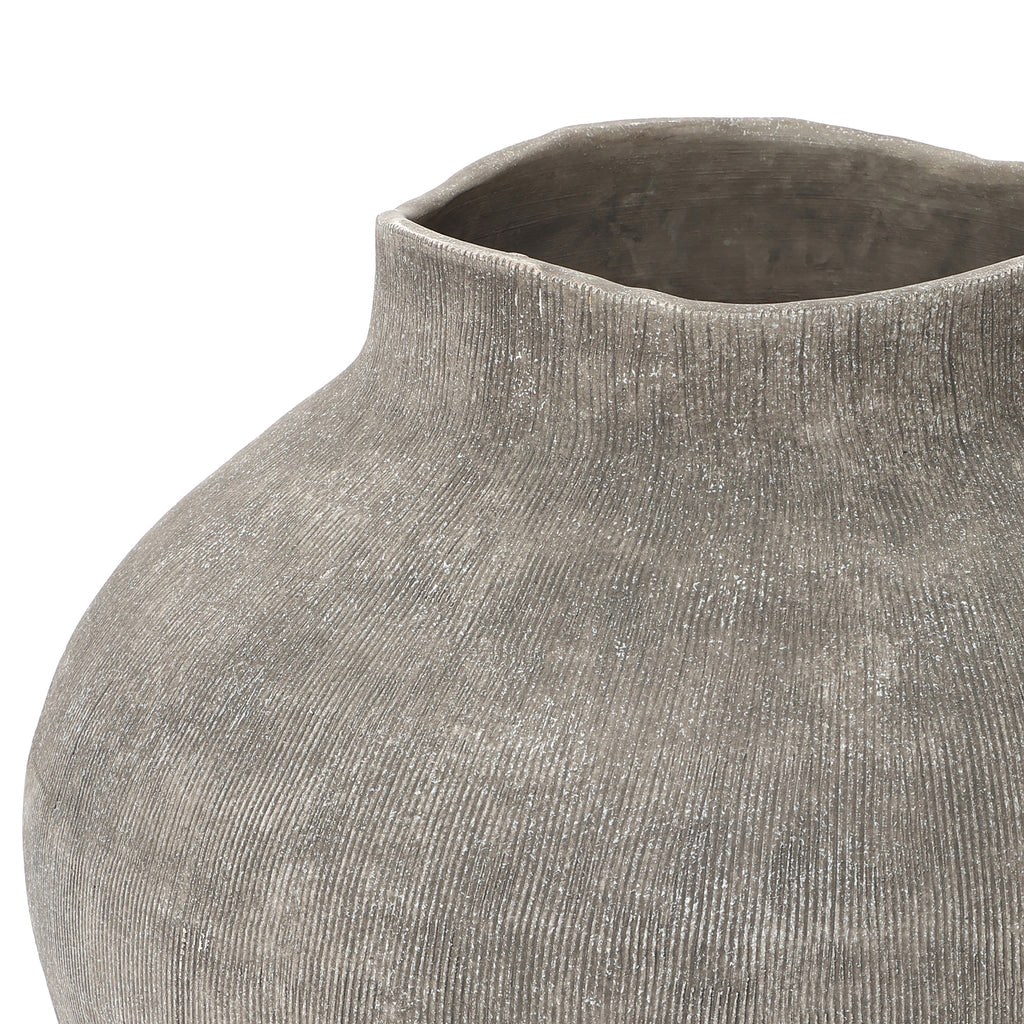 Tall Ribbed Terracotta Vase, Weathered Gray, 13"