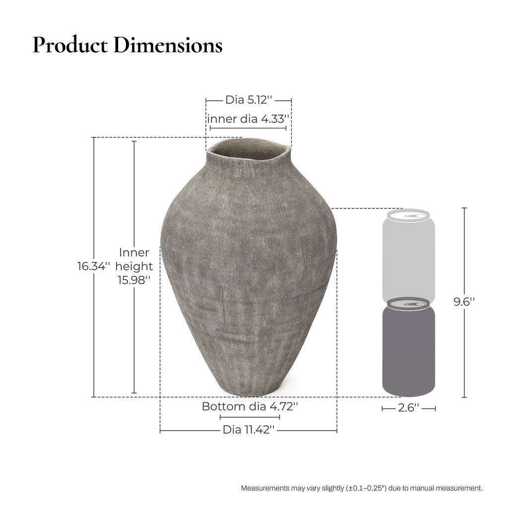 Tall Ribbed Terracotta Vase, Weathered Charcoal, 16"