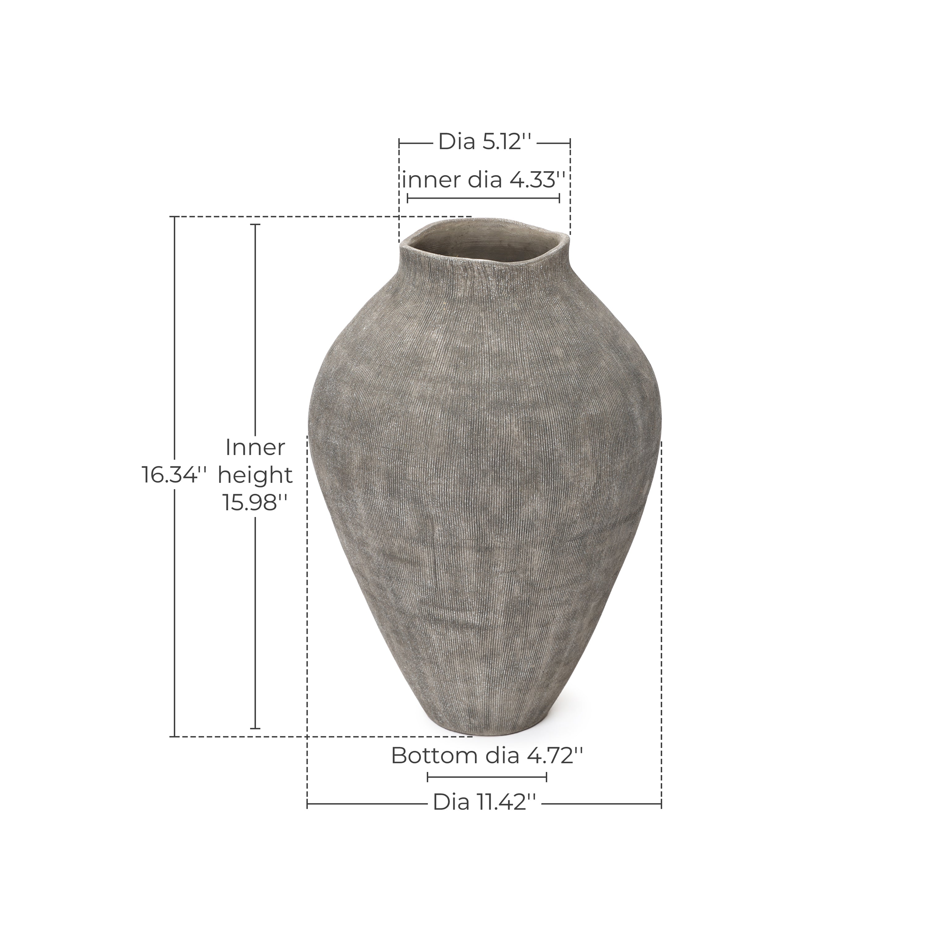 Tall Ribbed Terracotta Vase, Weathered Charcoal, 16"