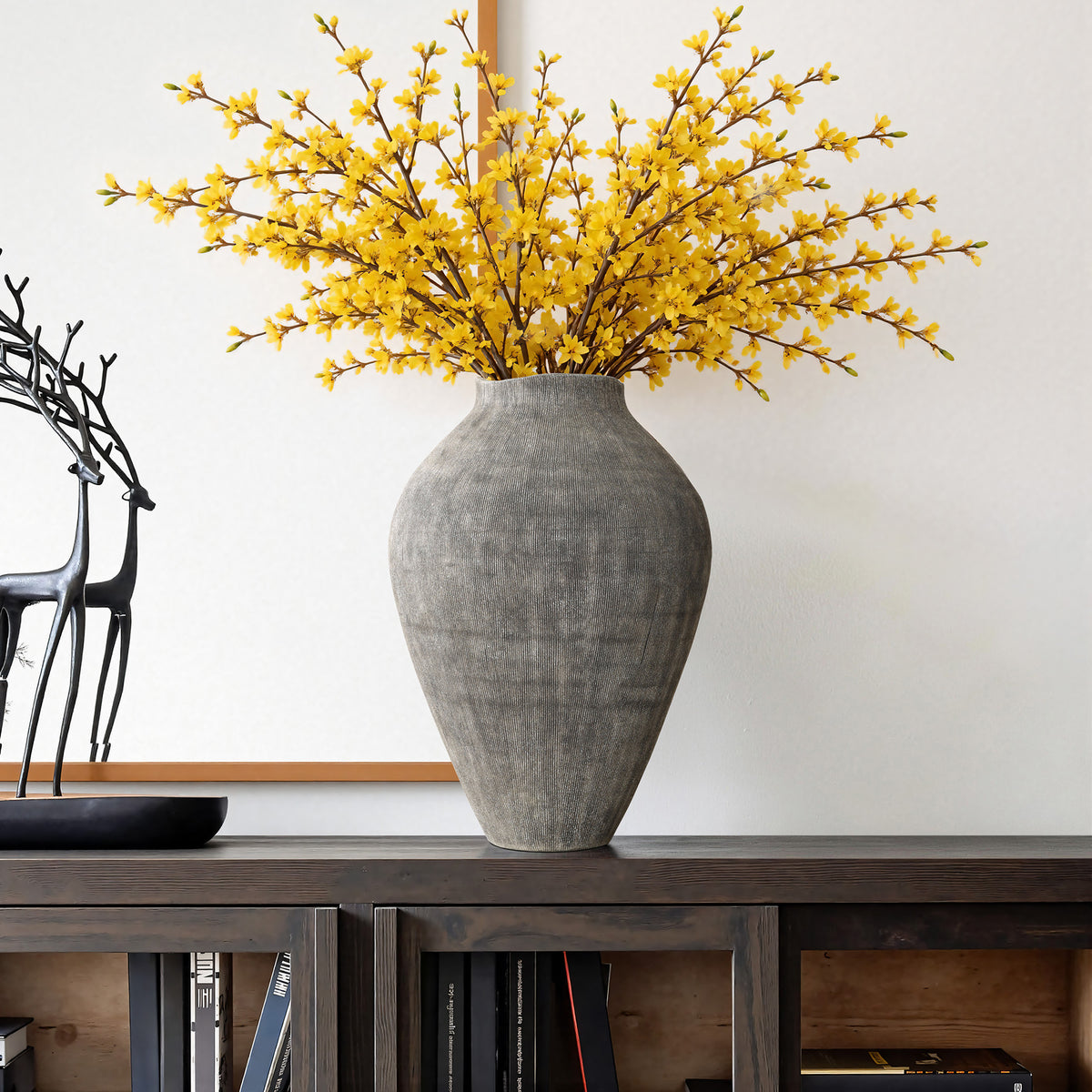 Ribbed Terracotta Decorative Vase, Weathered Gray
