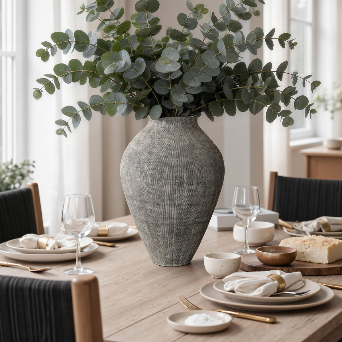 Ribbed Terracotta Decorative Vase, Weathered Gray