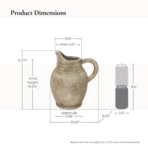 12 Inch Rustic Ceramic Pitcher Vase, Handcrafted Textured Farmhouse Ceramic Watering Can Vase for Home Decor, Vintage Style Decorative Flower Vase for Living Room, Kitchen, Dried Floral Arrangement