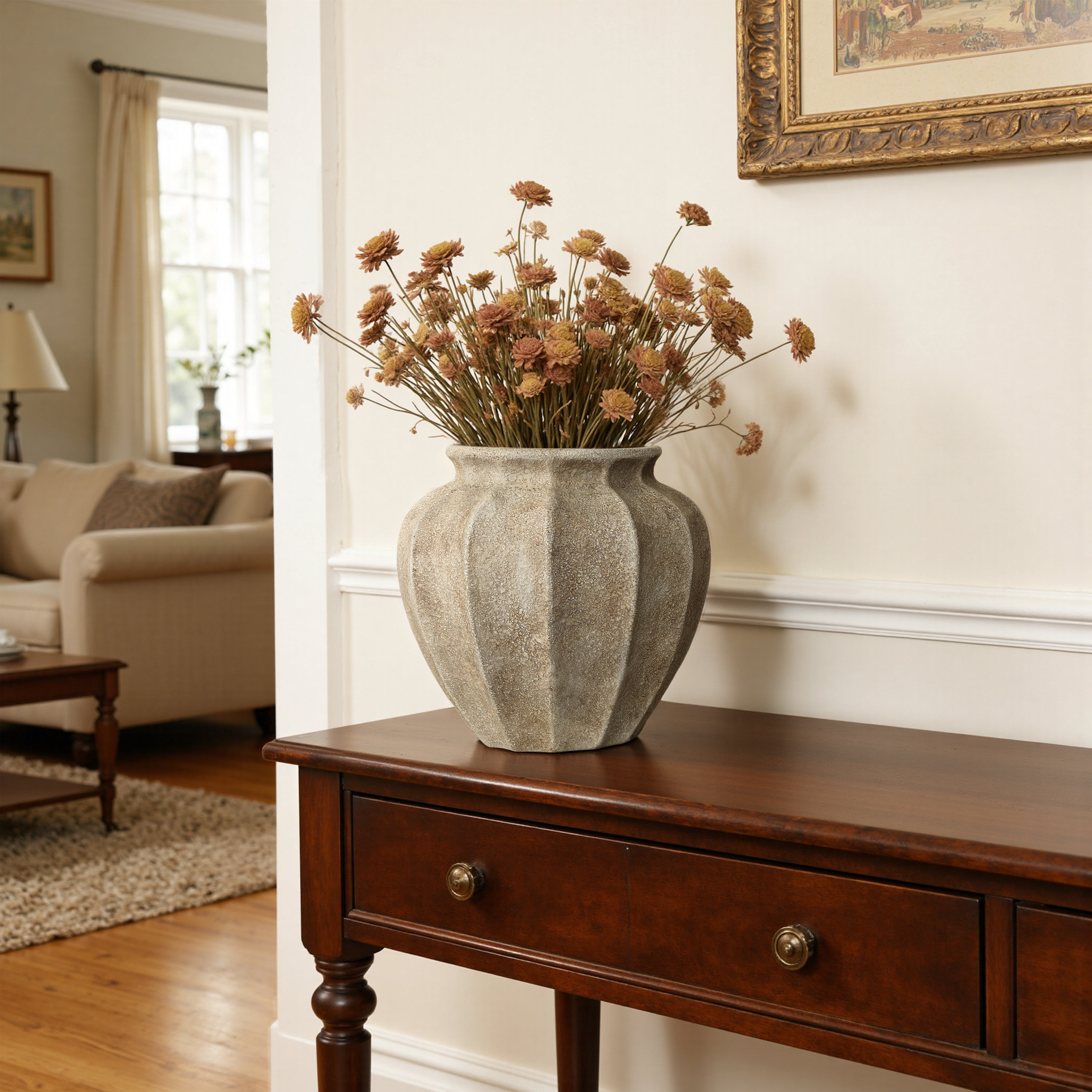 11.6 Inch Rustic Ribbed Ceramic Vase, Handcrafted Textured Wabi-Sabi Ceramic Flower Vase for Home Decor, Farmhouse Large Decorative Vase for Living Room, Entryway, Dried Floral Arrangement