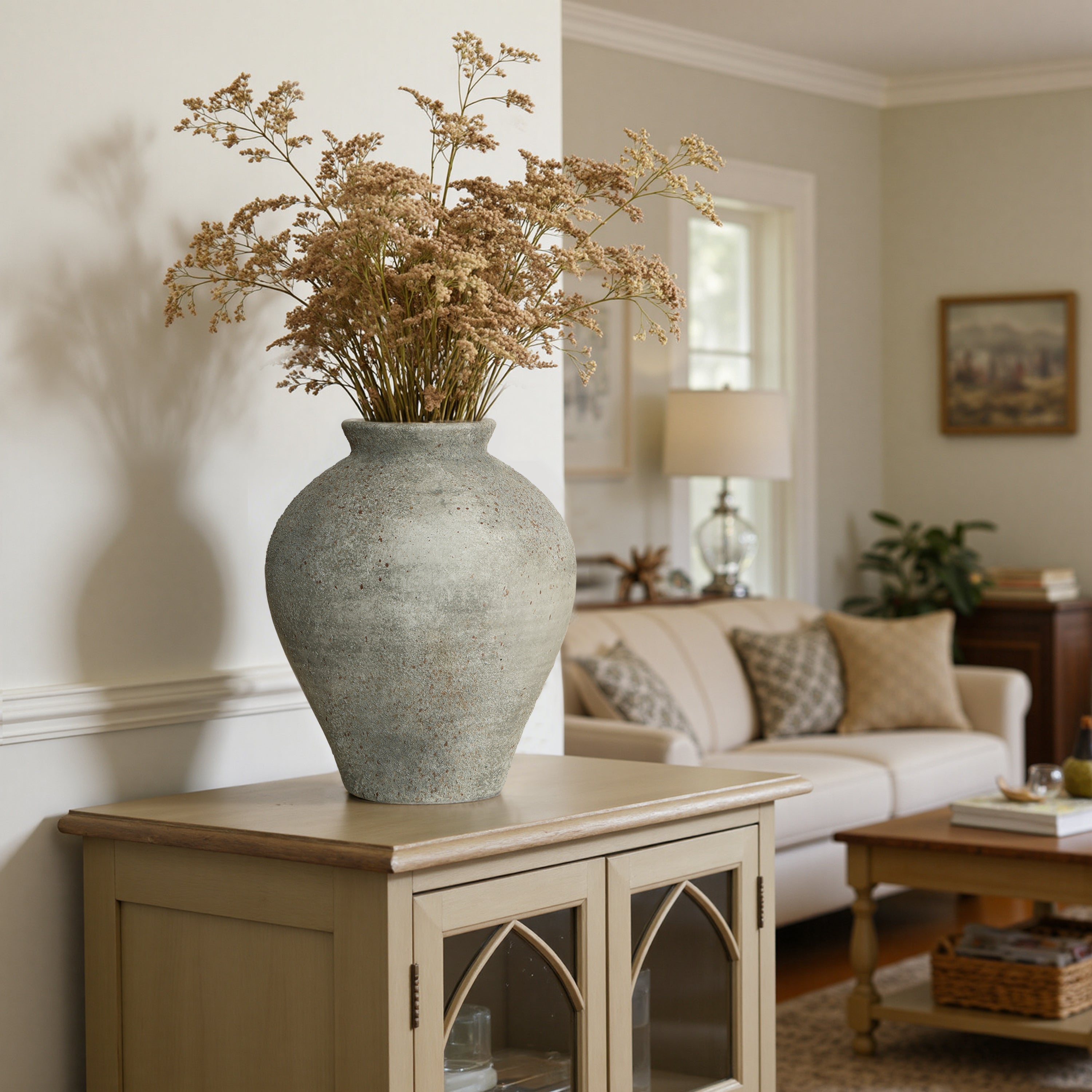 12 Inch Rustic Gray Ceramic Vase, Large Textured Wabi-Sabi Ceramic Floor Vase for Home Decor, Modern Farmhouse Decorative Flower Vase for Living Room, Entryway, Dried Floral Arrangement