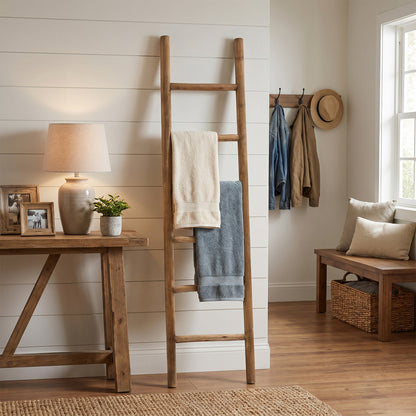 6-Tier Leaning Wood Blanket Towel Ladder Rack, Fir, 74"