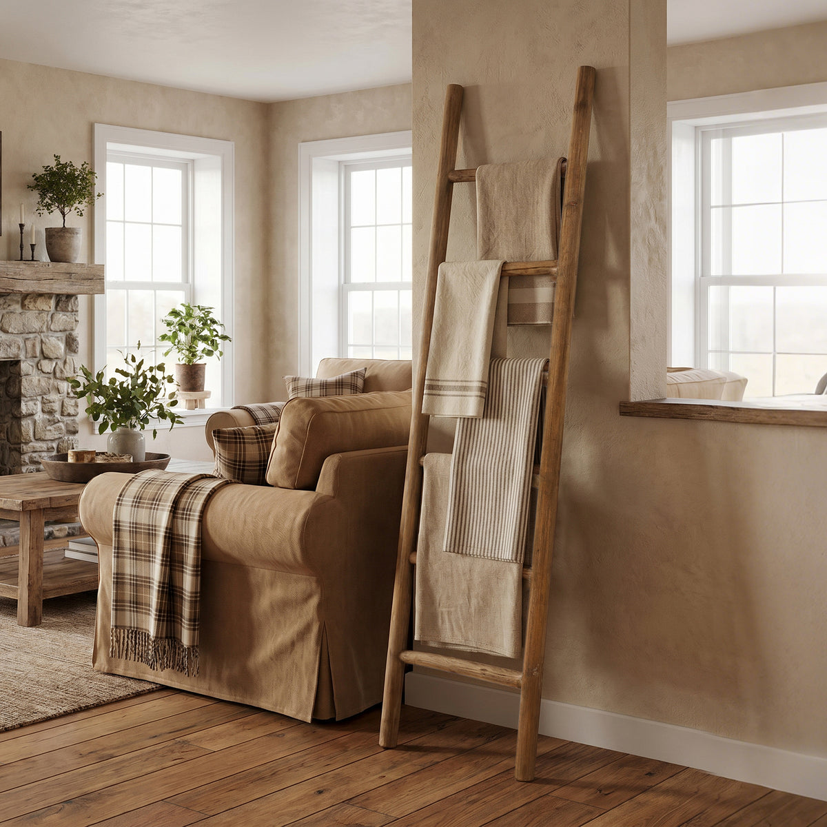 6-Tier Leaning Wood Blanket Towel Ladder Rack, Fir, 74"