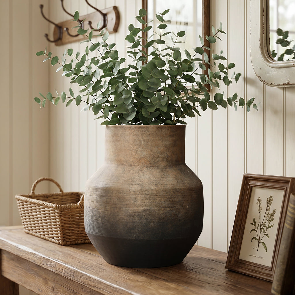 Round Bowl Terracotta Vase, Brown Ombre, 13.5"