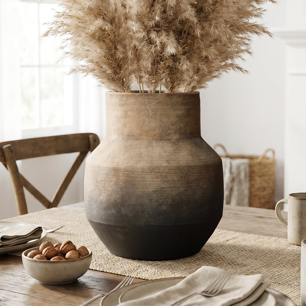 Round Bowl Terracotta Vase, Brown Ombre, 13.5"