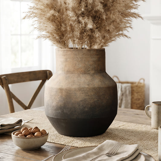 Terracotta Round Bowl Vase, Brown Ombre, 13.5"