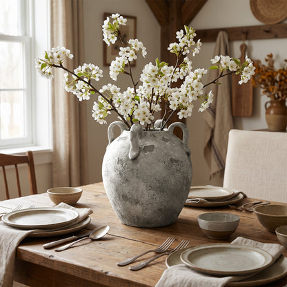 4-Handle Decorative Terracotta Urn, Marbled Gray-White, 11"