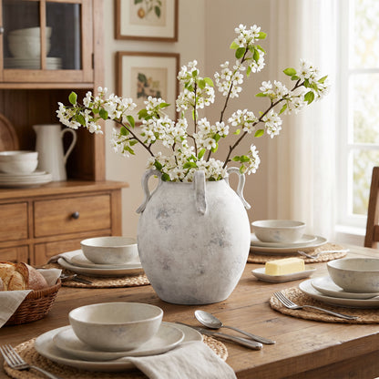 4-Handle Decorative Terracotta Urn, Marbled White-Gray, 11"