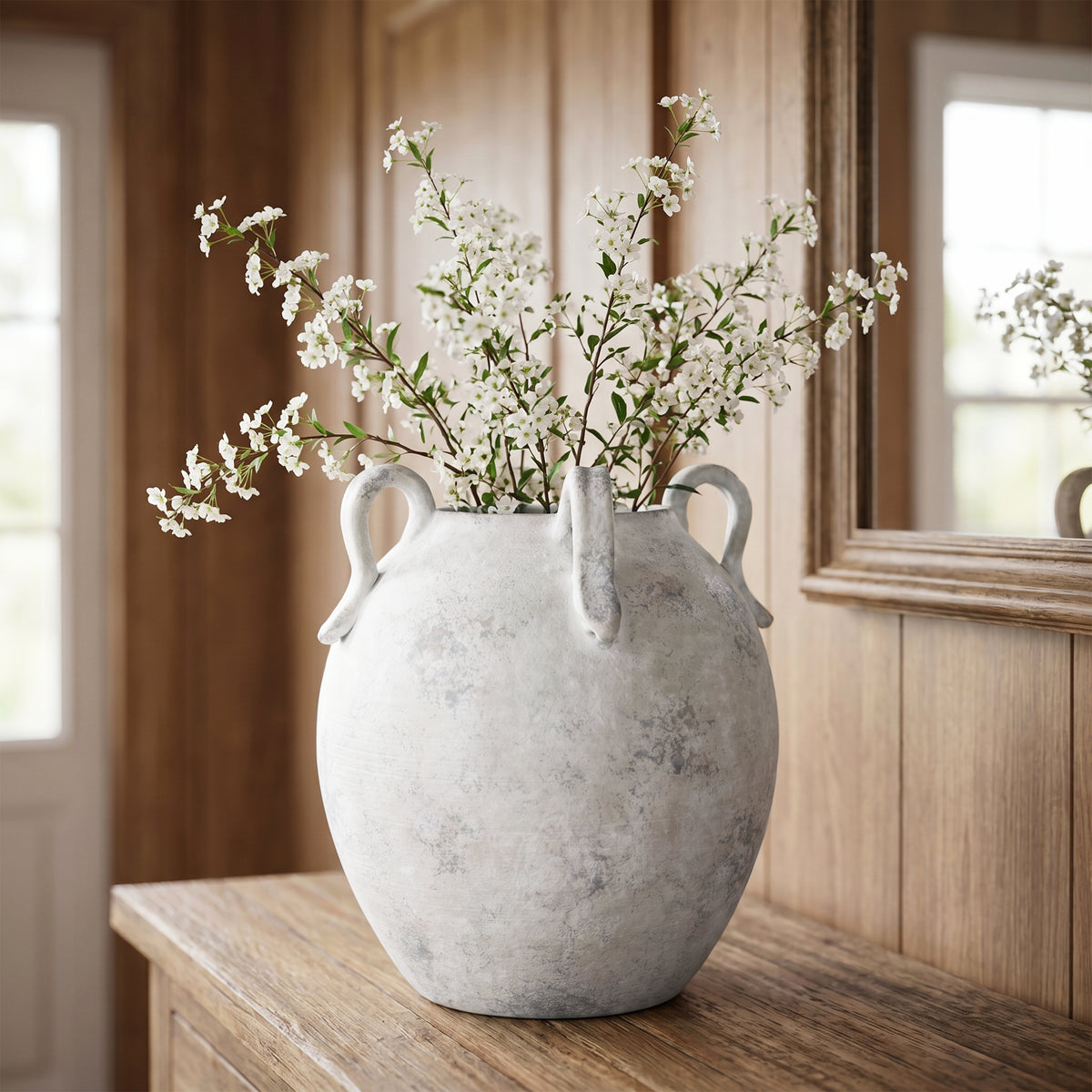 4-Handle Decorative Terracotta Urn, Marbled White-Gray, 11"