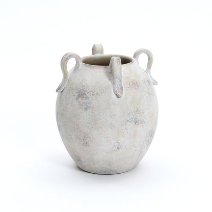 4-Handle Decorative Terracotta Urn, Marbled White-Gray, 11"