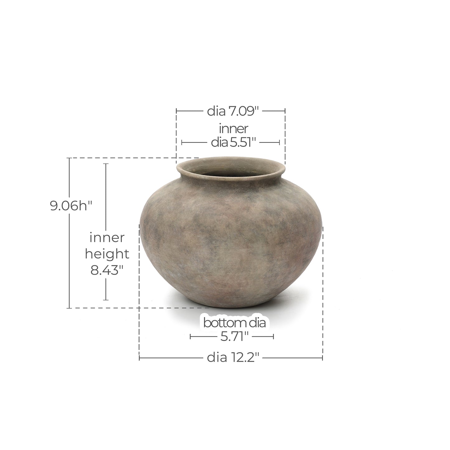 Wide Bowl Terracotta Decor Vase, Antique Gray-Brown