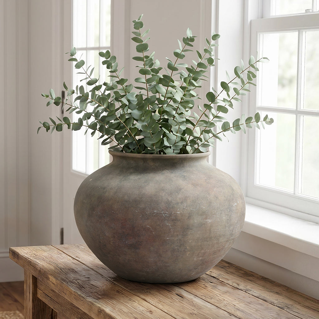12.5" Round Ceramic Vase, Antique Dark Gray