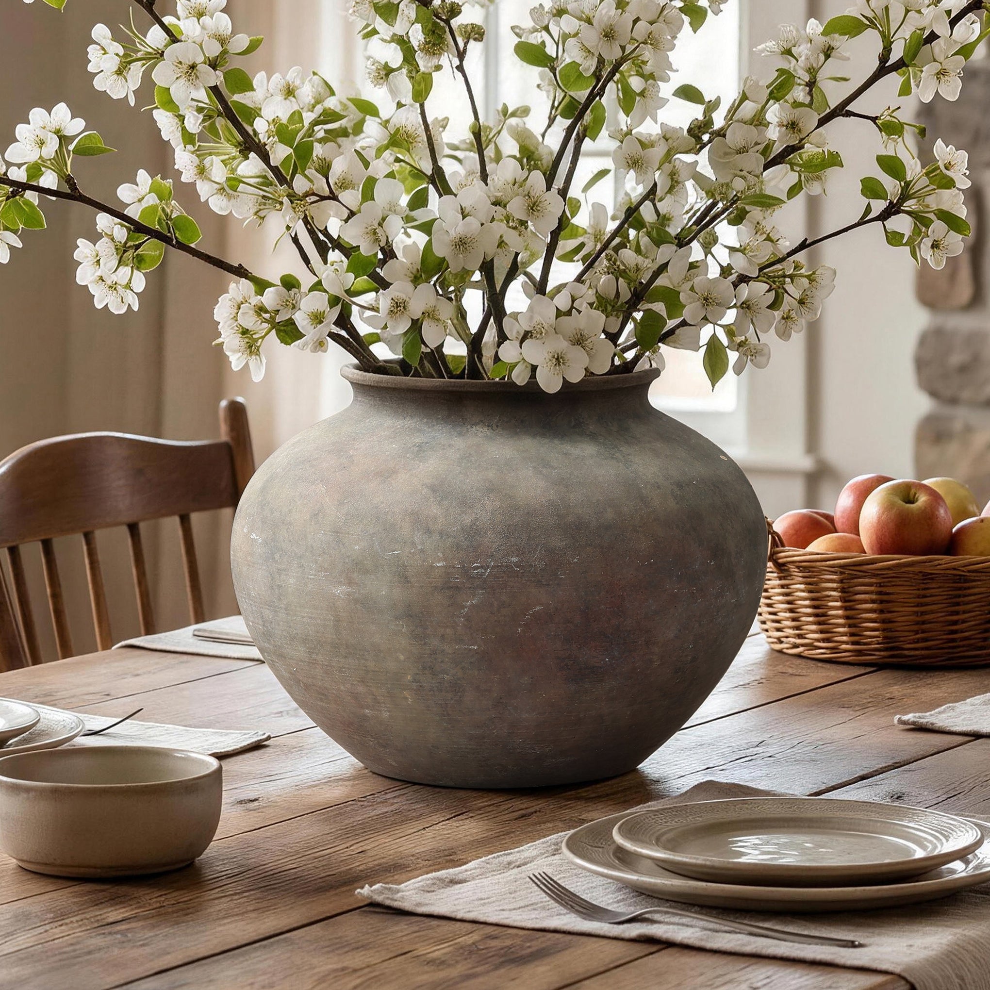 12.5" Round Ceramic Vase, Antique Dark Gray