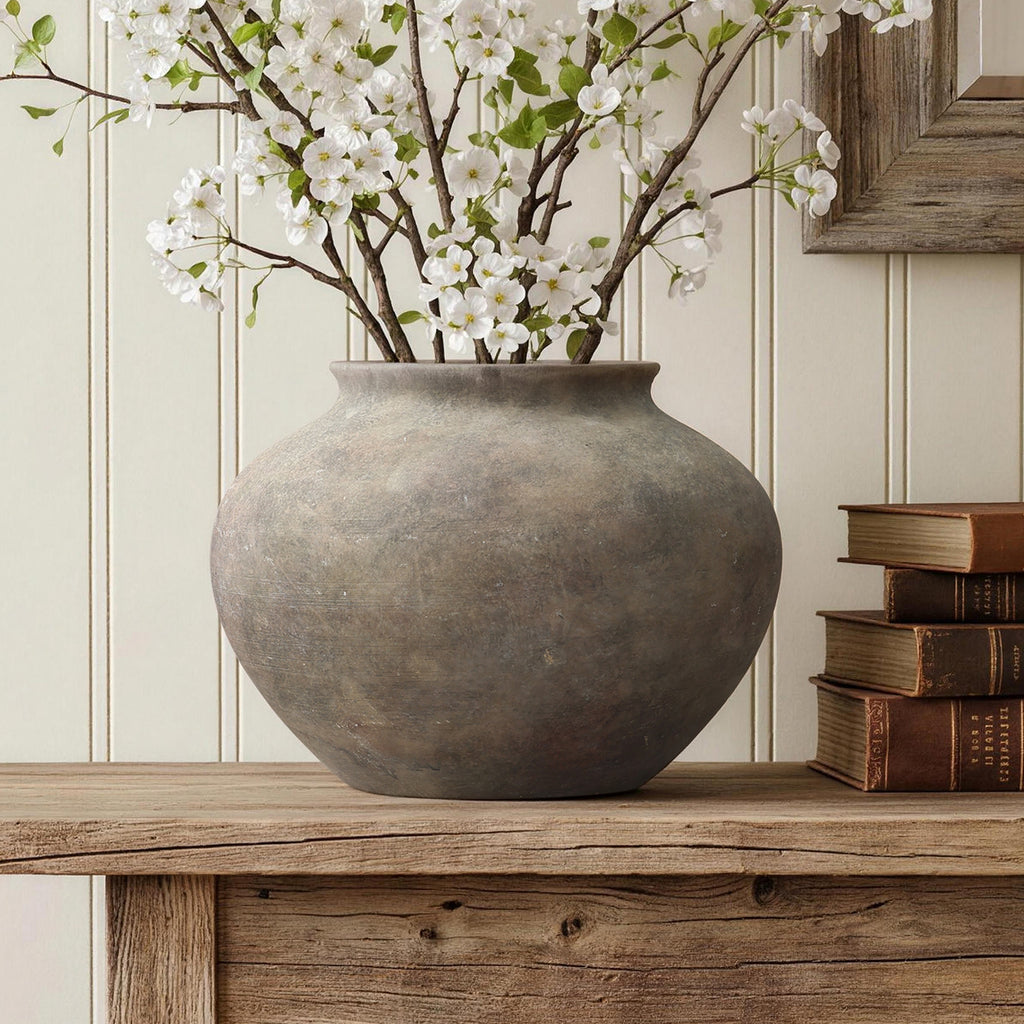 10.4" Round Ceramic Vase, Antique Dark Gray