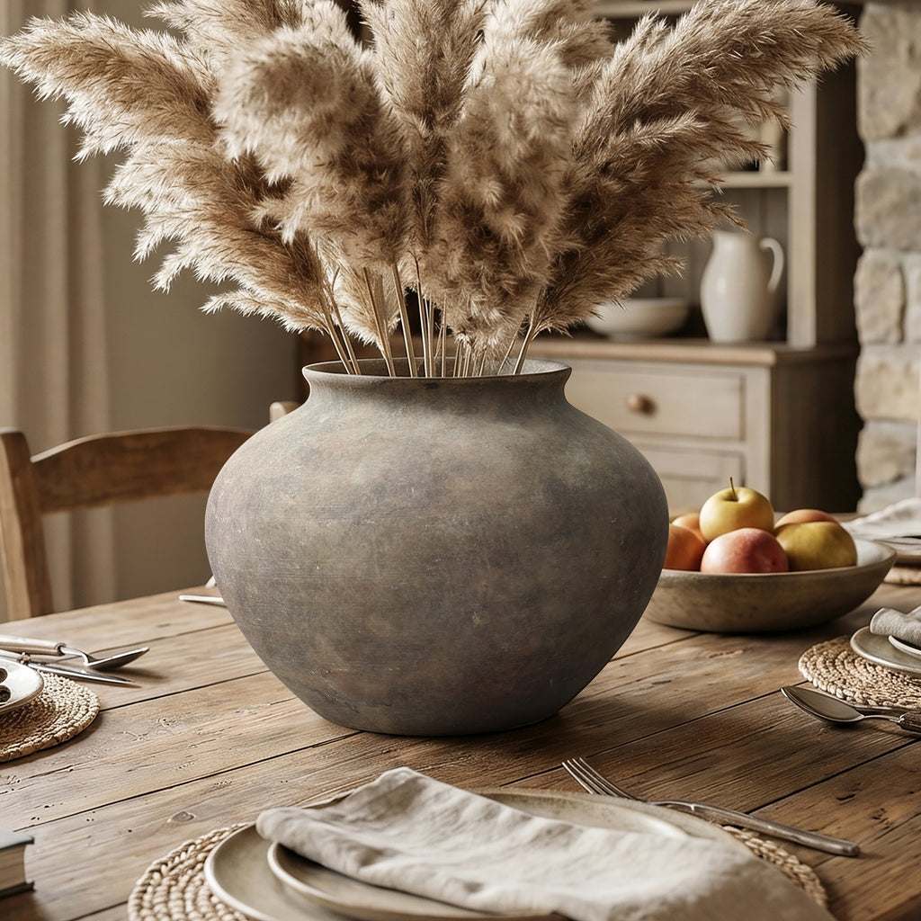 10.4" Round Ceramic Vase, Antique Dark Gray