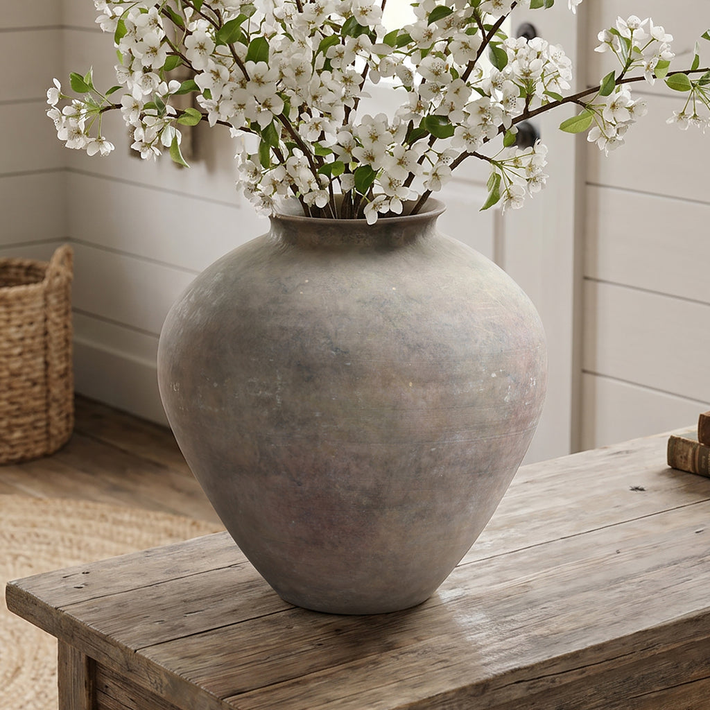 12.5" Tall Round Ceramic Vase, Antique Dark Gray