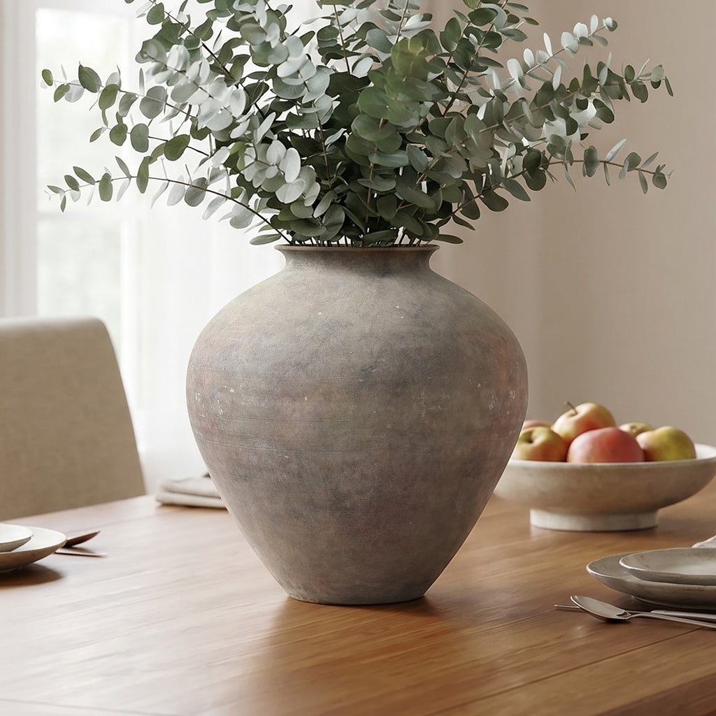 12.5" Tall Round Ceramic Vase, Antique Dark Gray
