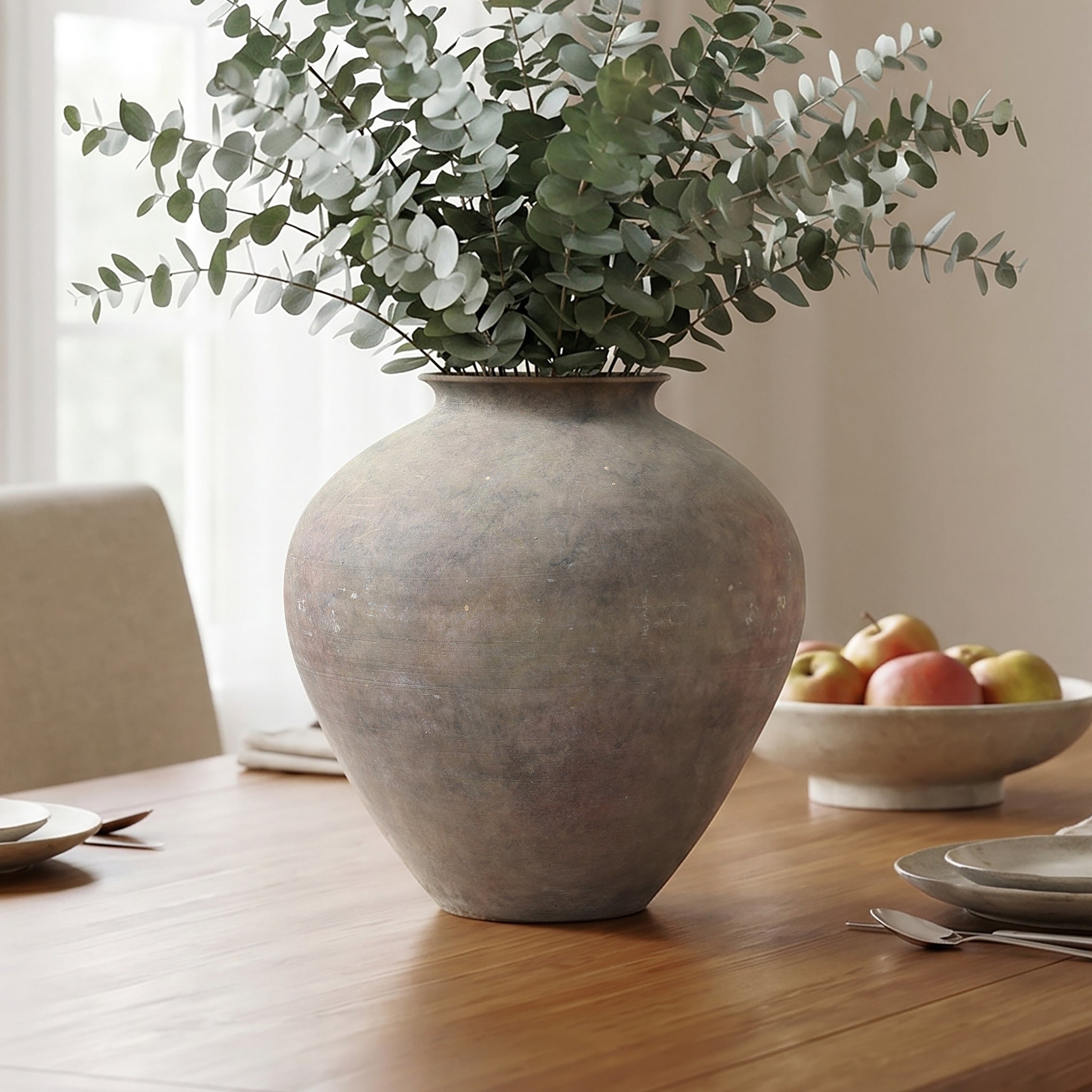 12.5" Tall Round Ceramic Vase, Antique Dark Gray
